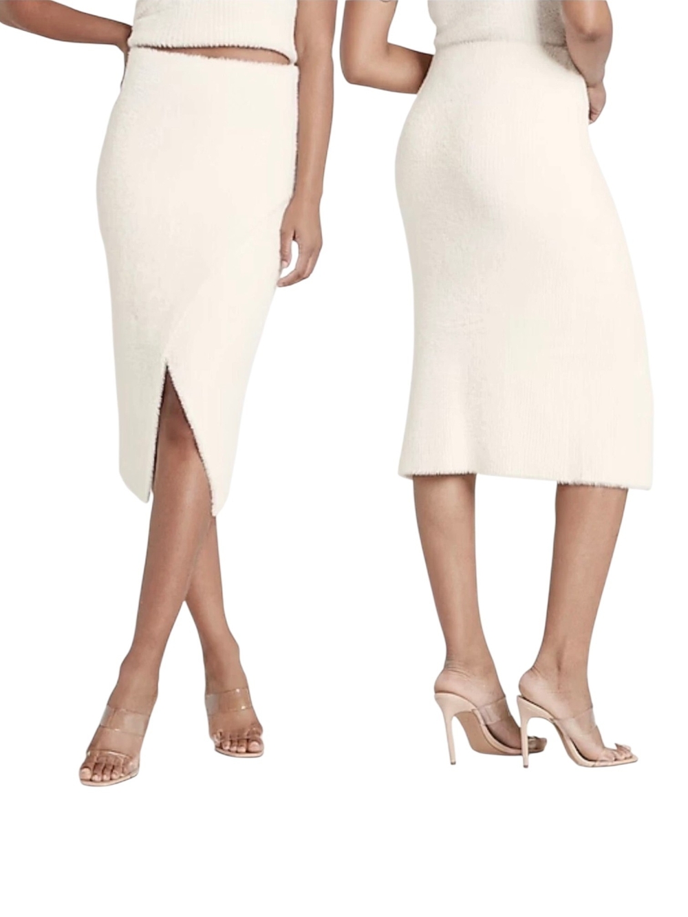 Express Ivory Fuzzy Faux Wrap Midi Pencil Skirt Soft Knit L Cozy Chic Classic